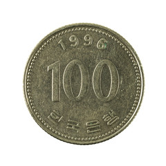 100 south korean won coin (1996) obverse isolated on white background