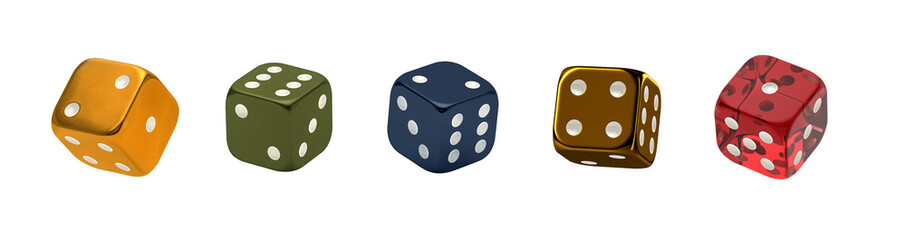 Casino theme. Set of dices in different colors and materials, isolated on white background, 3d illustration.