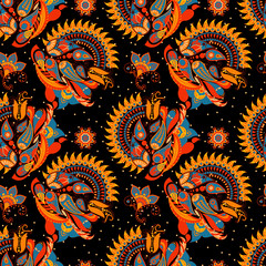 Vector seamless pattern with Indian ornament. Turkish cucumber. Paisley and mandala. Modern abstract style, Indian, Arabic, Islam motifs. Vintage design elements