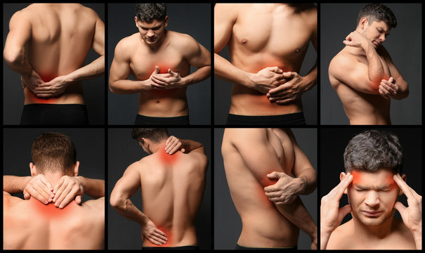Collage of young man suffering from pain in different parts of body on black background