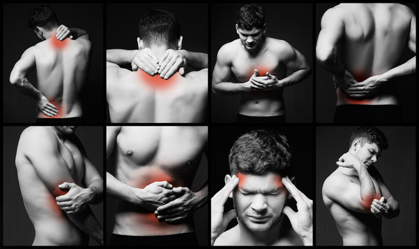 Collage of young man suffering from pain in different parts of body on black background