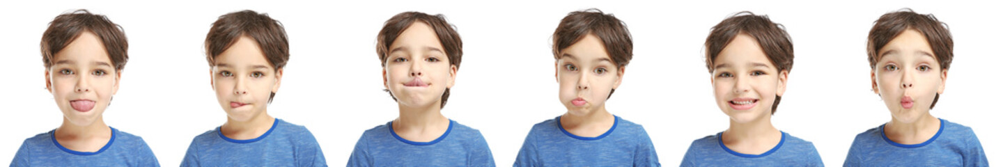 Speech training concept. Little boy doing exercises for correct pronunciation on white background