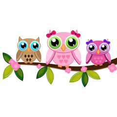 Fototapeta premium Owl Mom, boy and girl on a branch
