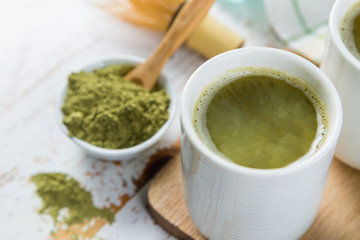 Matcha tea in white bowls