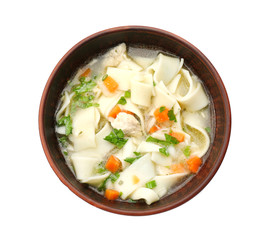 Chicken noodle soup in bowl on white background