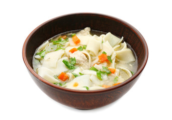 Chicken noodle soup in bowl on white background