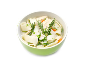Chicken noodle soup in bowl on white background