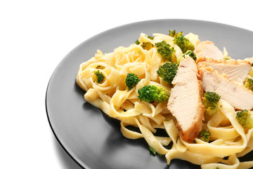 Plate with delicious chicken Alfredo on white background, closeup
