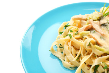 Plate with delicious chicken Alfredo on white background, closeup