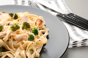 Plate with delicious Chicken Alfredo, closeup