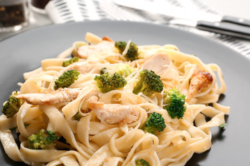 Plate with delicious Chicken Alfredo, closeup