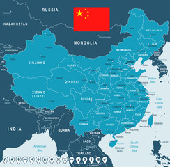 China - map and flag - illustration - obrazy, fototapety, plakaty