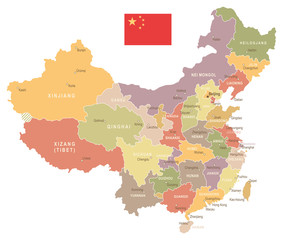 China - vintage map and flag - illustration