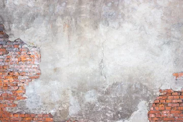 Photo sur Aluminium Mur de briques mur de briques avec du plâtre endommagé, fond de surface de ciment brisé