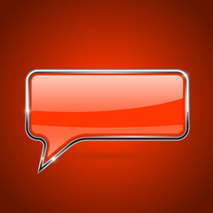 Orange speech bubble. Rectangular 3d icon with chrome frame