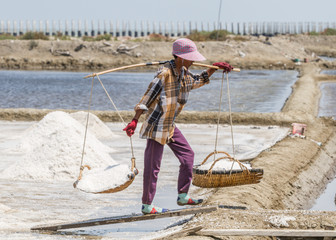 Salt field worker carrying salt with traditional shoulder pole with baskets during salt harvest in Ban Laem, Thailand