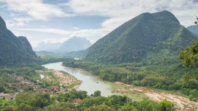 Muang Ngoy village and Nam Ou river rural landscape timelapse, northern Laos