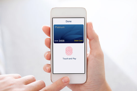 woman hands holding phone debit card app touch and pay