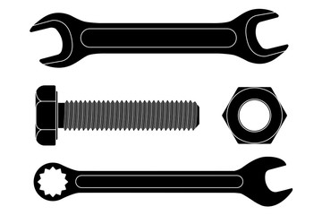Wrench set with bolt screw and nut. Black icons