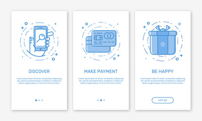 Vector Illustration of onboarding app screens and web concept online payments application for mobile apps in line style.