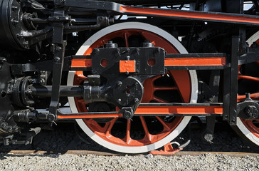 Pistons and driving wheel of the historic steam locomotive.