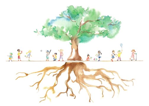 公園の大木、世界の子どもたち、根