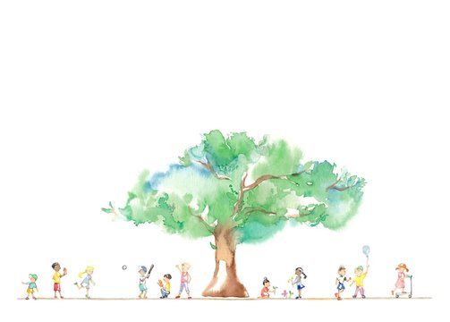公園の大木、世界の子どもたち