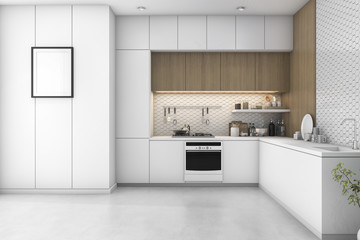 3d rendering white minimal kitchen with wood decoration