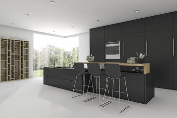 3d rendering black kitchen with view from window