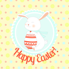 Happy Easter greeting card. Vector illustration. Cute rabbit with egg. Pretty bunny with blue scarf.
