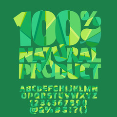 Vector green banner 100% natural product. Vector set of colorful letters, numbers and symbols