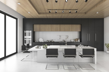 3d rendering black kitchen with wood ceiling