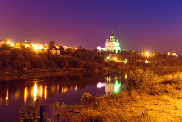 View of the night town Yelets and the Ascension Cathedral, Russia