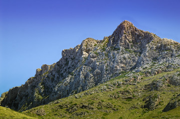 grüne Wiese vor Felsmassiv