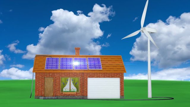 animation houses with solar panels and wind generator