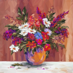 Summer Flowers Bouquet in a Vase, Low Poly. Vector