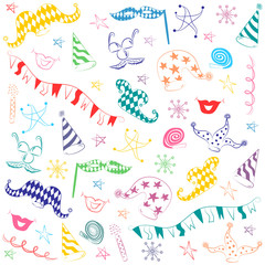 Colorful Hand Drawn Party Symbols. Children Drawings of Party Elements.  Vector Illustration.