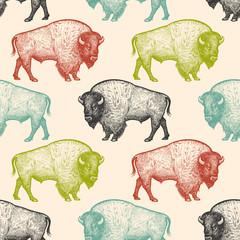 Seamless pattern with animal Bison. © marinavorona