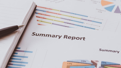 papers chart with pen on wooden table, Bussiness concept.