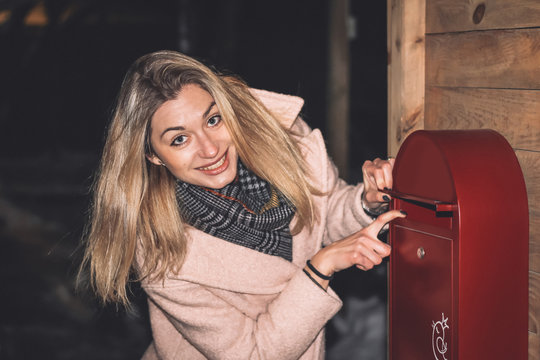 Posting Letters. Happy Woman And Postbox. Send A Letter. Send Mail