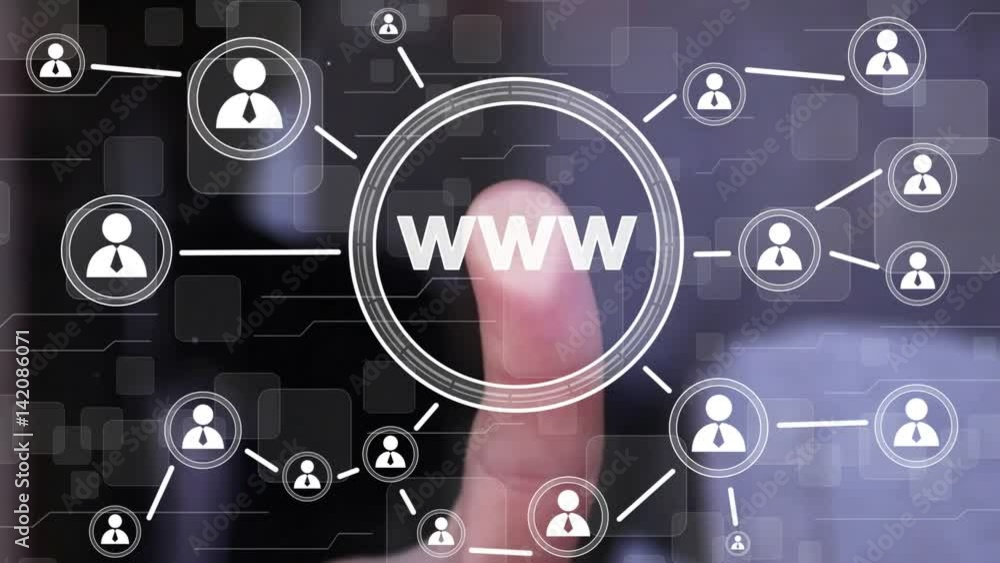 Poster businessman pressing button www web network. computer technology virtual reality.