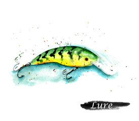 Fishing lure. Watercolor wobbler illustration. Fishing bait  illustration.