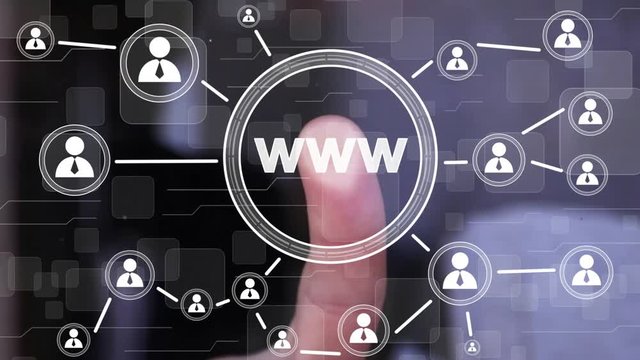 Businessman pressing button www web network. Computer technology virtual reality.