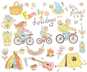 Vector set of cute doodle family and holidays. Equipment for cam