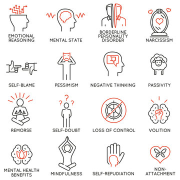 Vector set of 16 linear icons related to mindfulness, awareness, consciousness and mental conditions. Mono line pictograms and infographics design elements - part 1