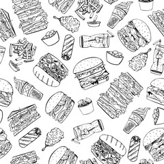 Fast food seamless pattern in doodle style.