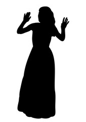 black silhouette of a girl in a long dress dancing