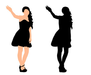 vector, black silhouette of a girl in a dress waving
