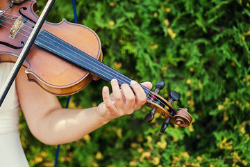 Woman playing the violin,Beautiful young woman playing violin,Girl's hand on the strings of a...