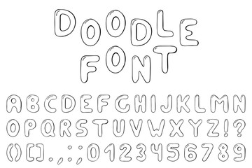 Doodle font. Hand drawn alphabet with numbers.